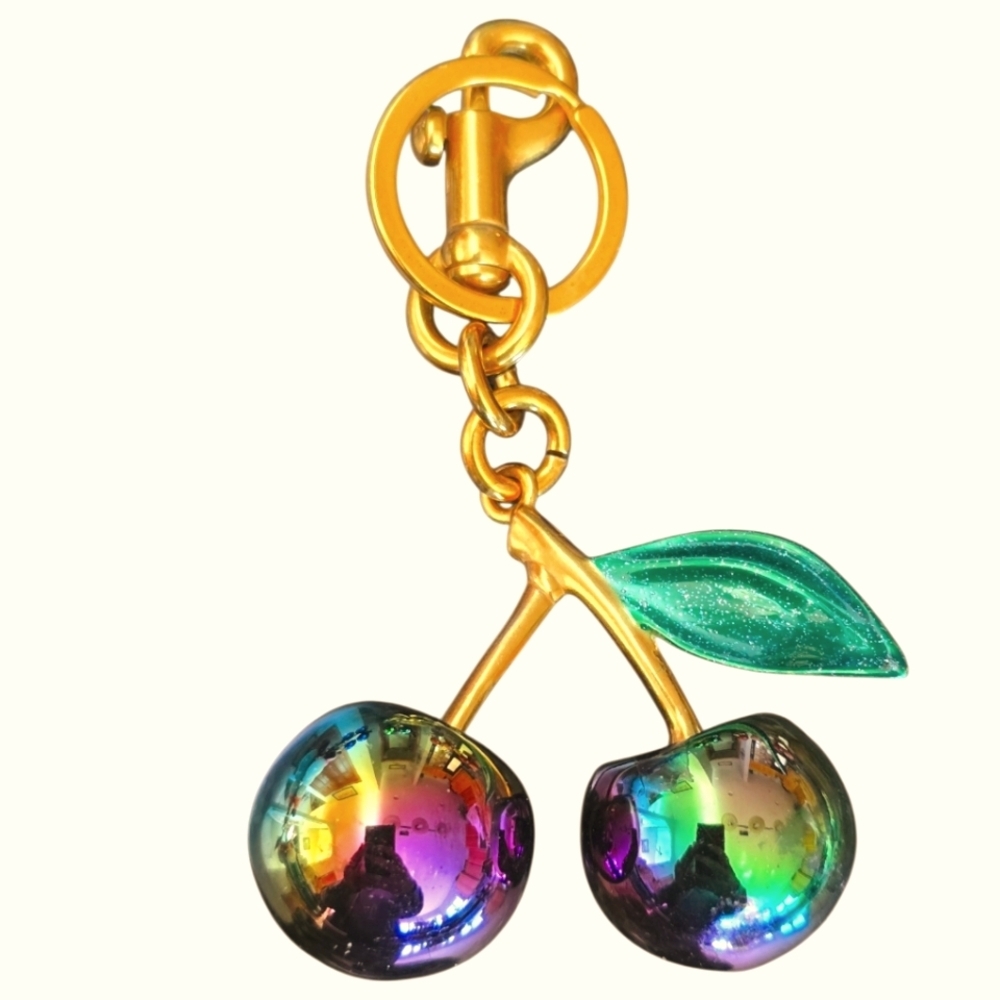 NEW Metallic Irridescent Large Cherry Purse Charm with Green Leaf